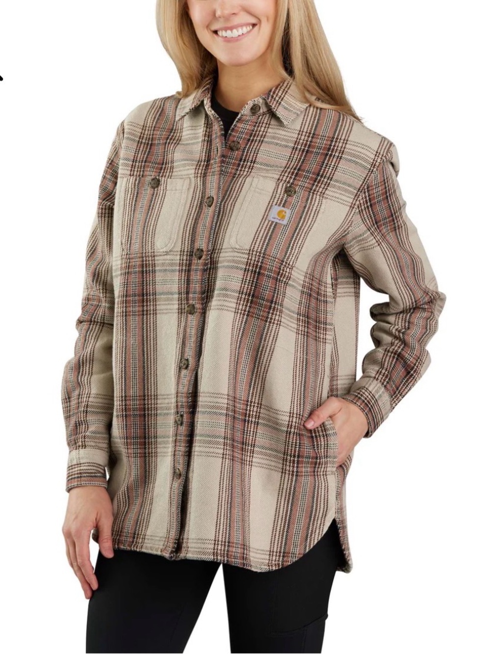 Carhartt Women's Loose Fit Twill Shirt Jac Nutmeg Plaid Pockets Size L 12-14